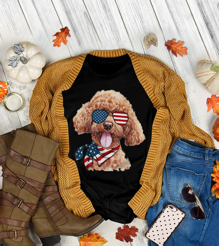 Patriotic Poodle Wearing American Flag Sunglasses and Scarf for 4th of July T-Shirt