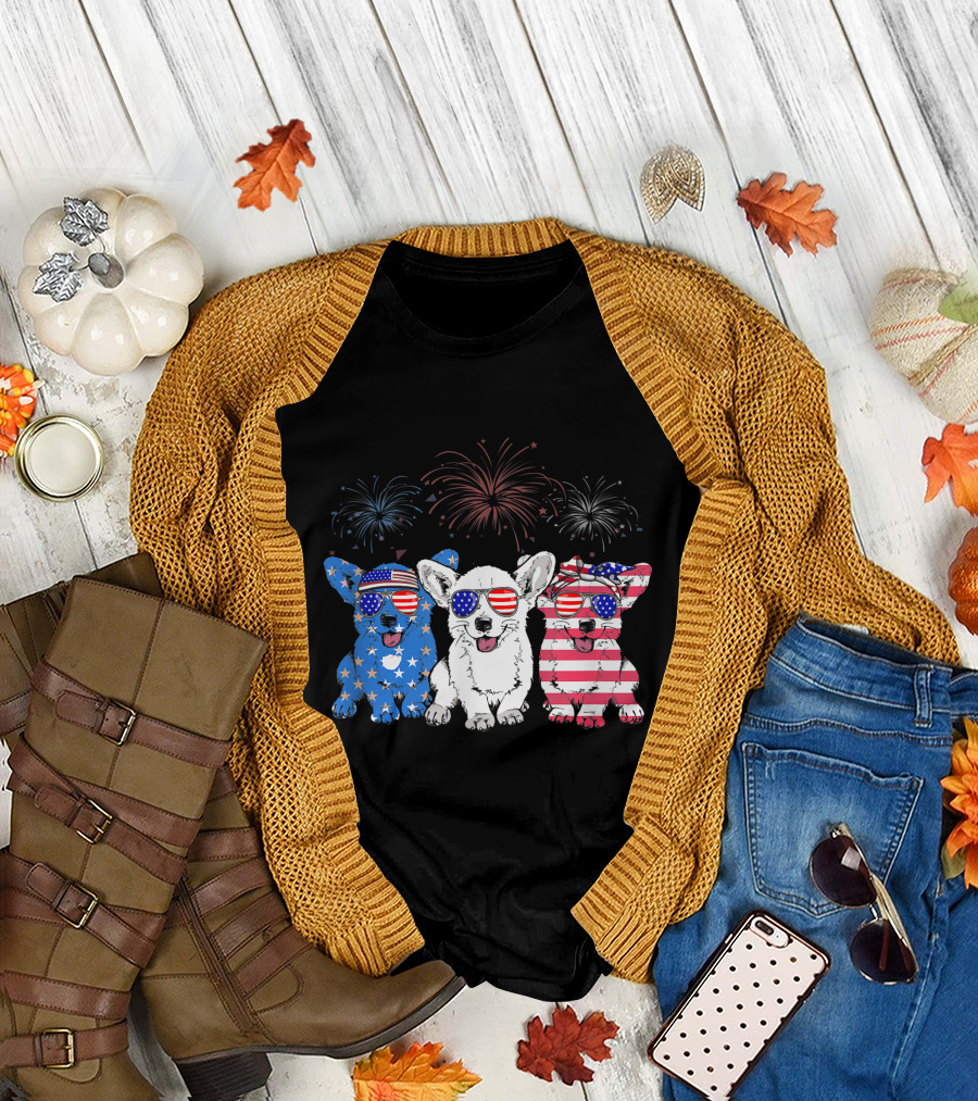 Corgi American Flag USA 4th of July Fireworks Glasses T-Shirt