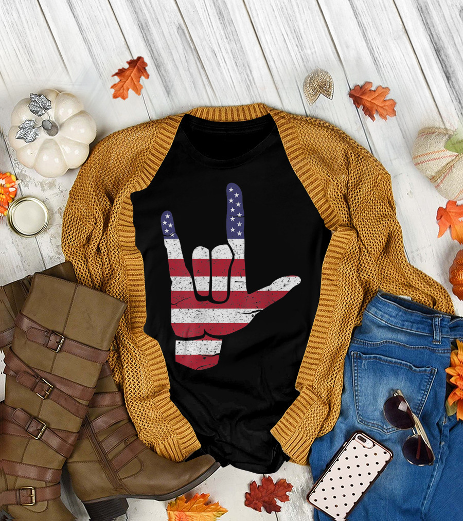 ASL I Love You American Sign Language USA Flag Hand Gesture T-Shirt