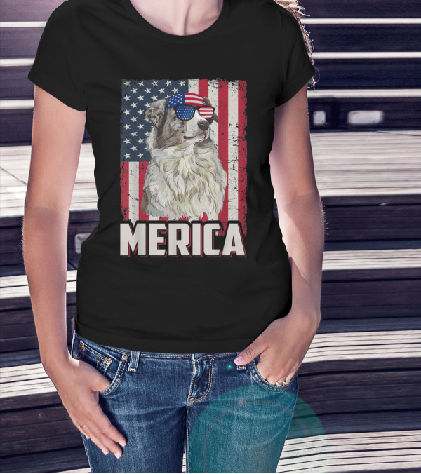 Australian Shepherd Merica American Flag 4th Of July T-Shirt