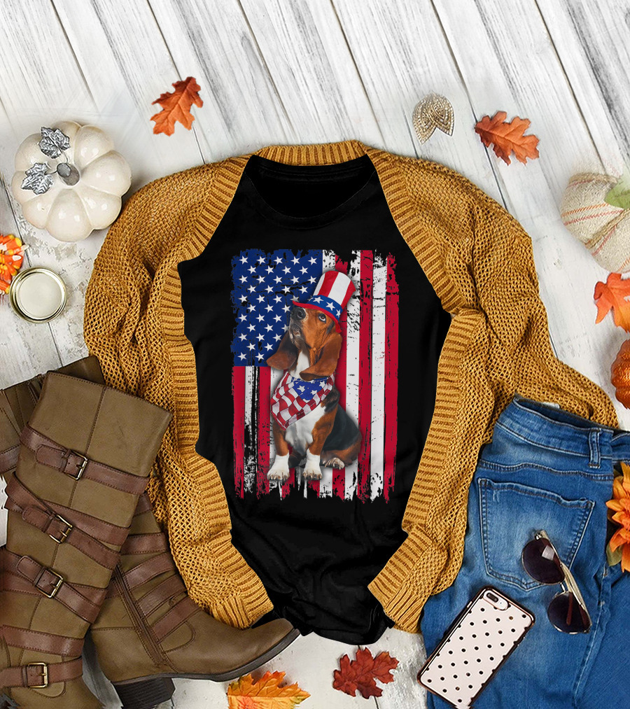 Basset Hound in Patriotic American Flag Attire for July 4th T-Shirt