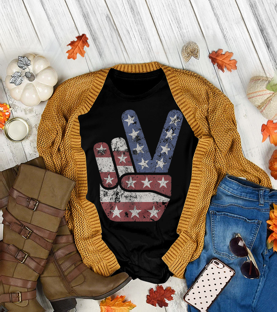 4th of July Peace Sign Hand with American Flag T-Shirt