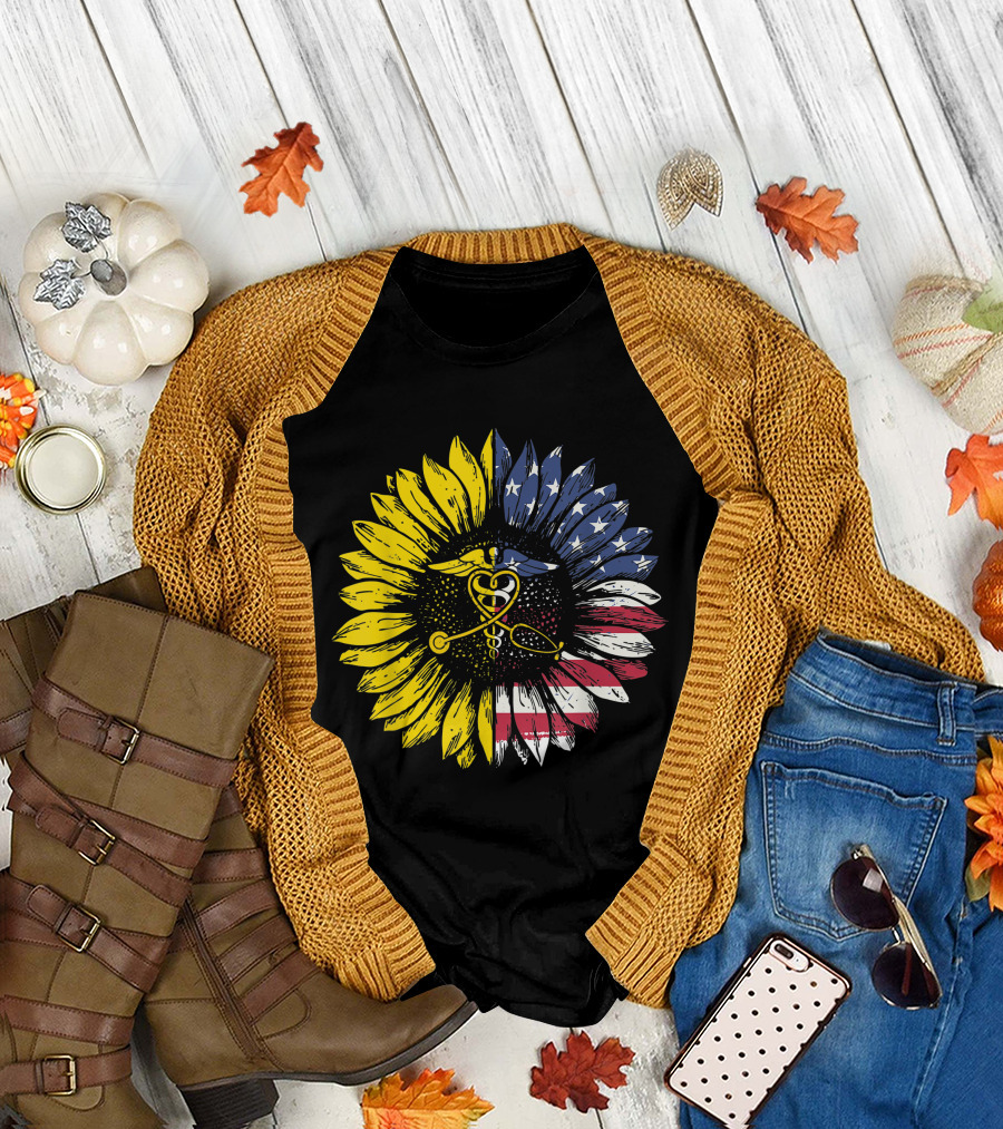 Sunflower American Flag Nurse Caducues July T-Shirt