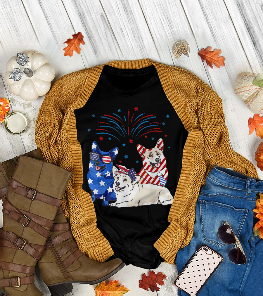 American Flag 4th of July Corgi Celebration with Fireworks and Stars T-Shirt