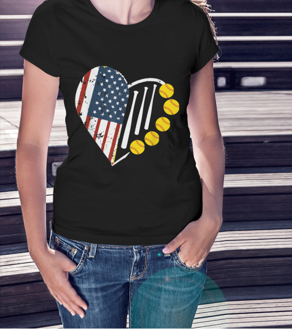 Softball Heart With American Flag And Softballs For 4th Of July T-Shirt