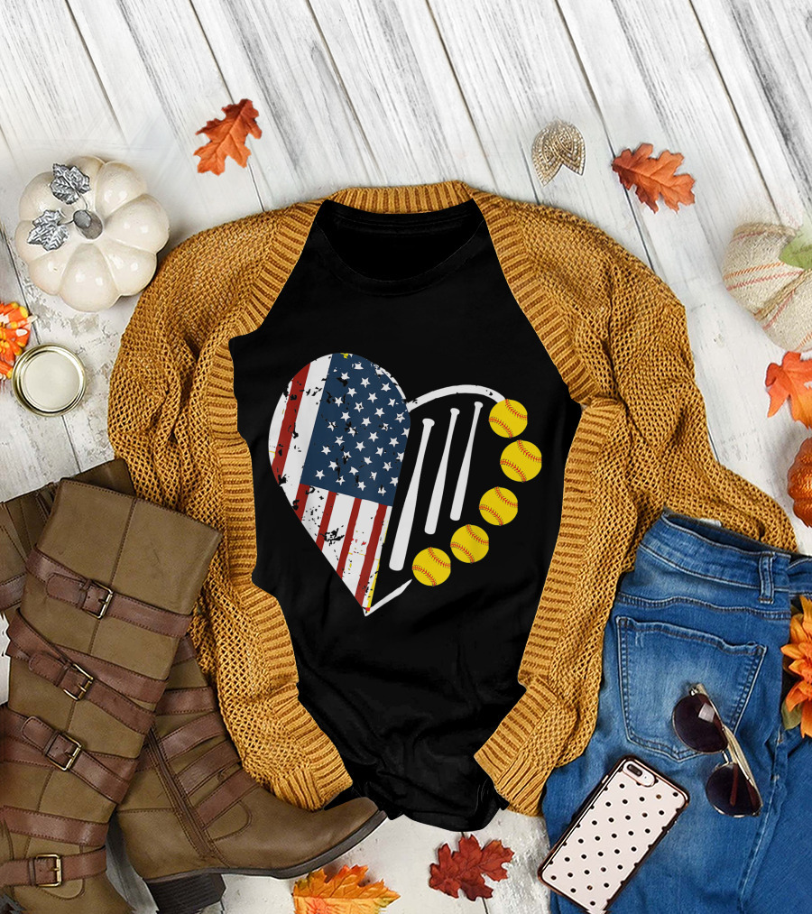 Softball Heart with American Flag and Softballs for 4th of July T-Shirt