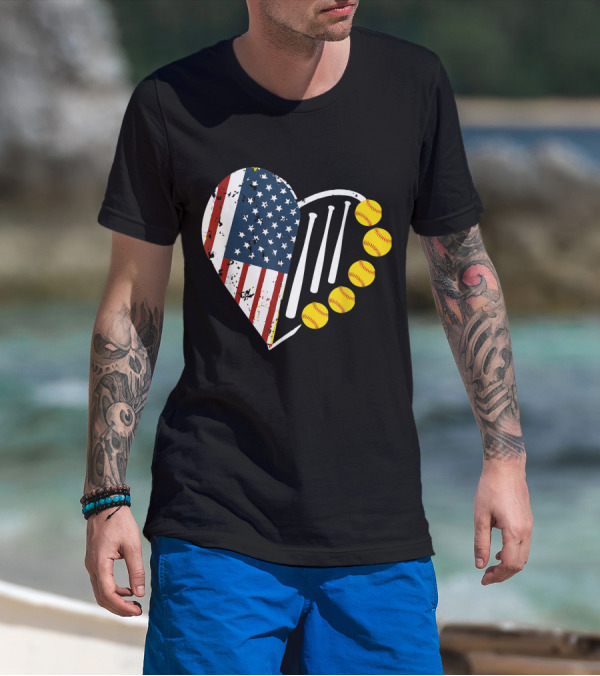 Softball Heart With American Flag And Softballs For 4th Of July T-Shirt