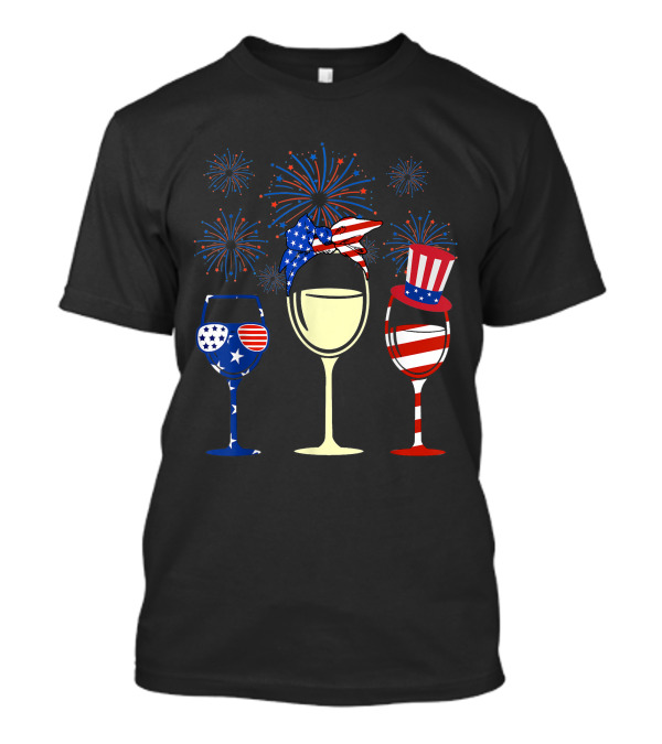 American Flag Wine Glasses Firework Celebration 4th Of July T-Shirt