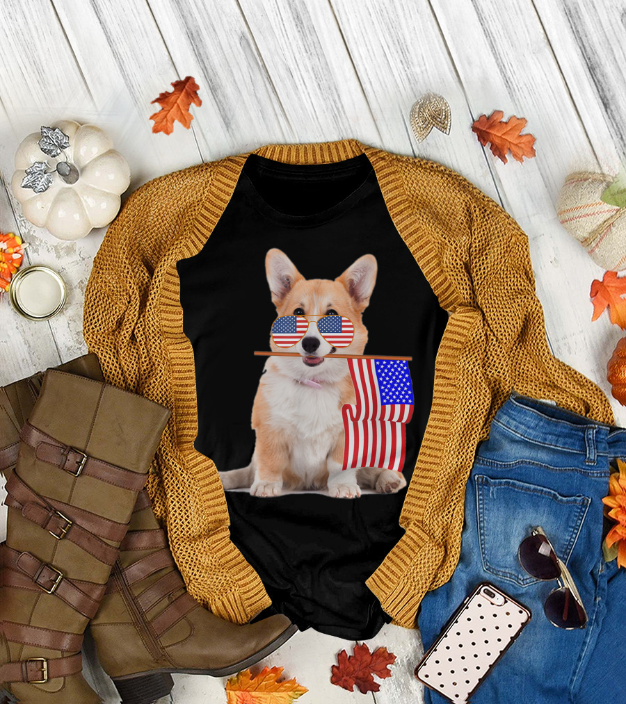 American Flag USA 4th of July Corgi with Sunglasses T-Shirt