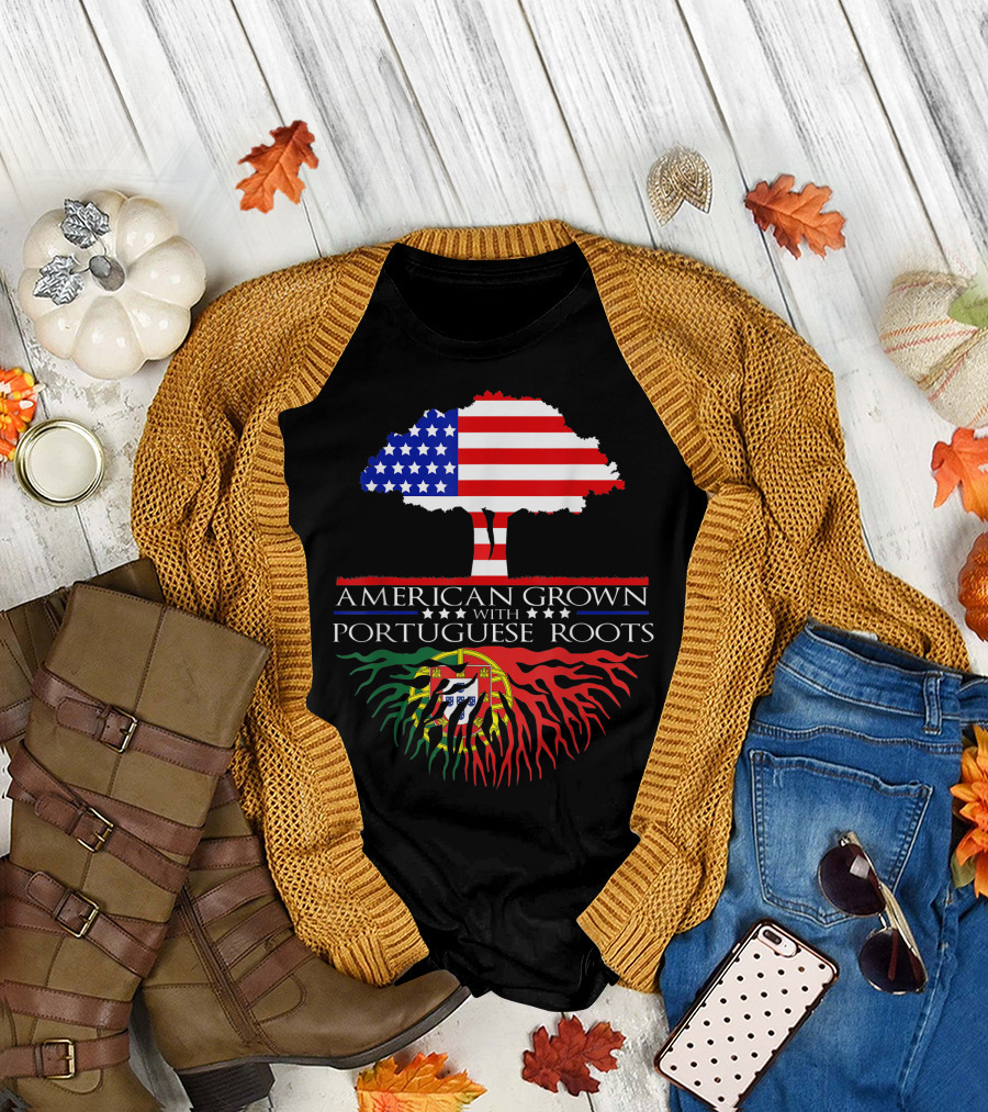 American Grown with Portuguese Roots Tree Flag USA Portugal T-Shirt