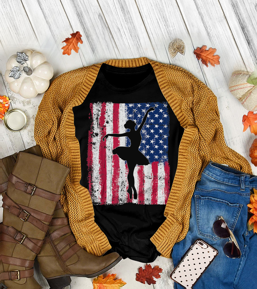 Ballet Dancer Silhouette with American Flag Patriotic 4th of July T-Shirt