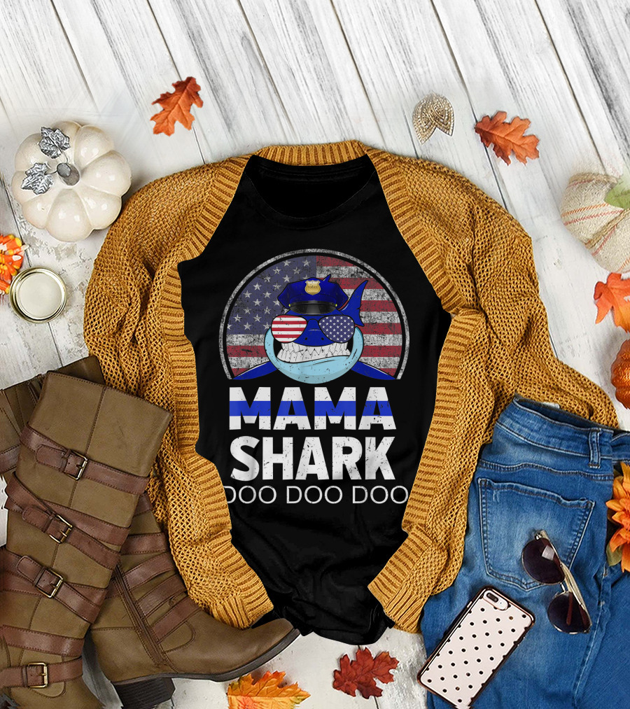 Mama Shark Doo Doo Doo Police Blue Line American Flag T-Shirt