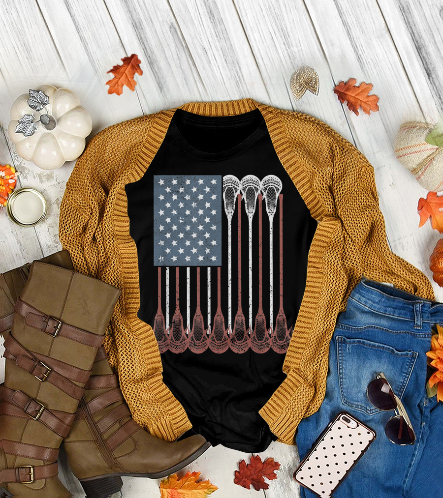 Vintage American Flag Lacrosse Sticks Youth Boys Men USA T-Shirt