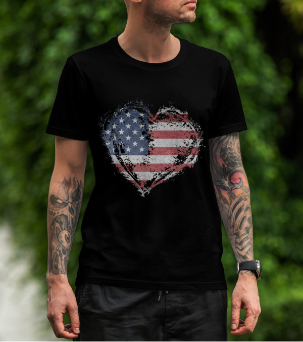American Flag Heart Grunge Distressed Print Custom T-Shirt