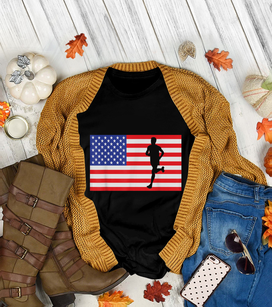 Marathon Runner USA American Flag Race Running Fourth of July T-Shirt