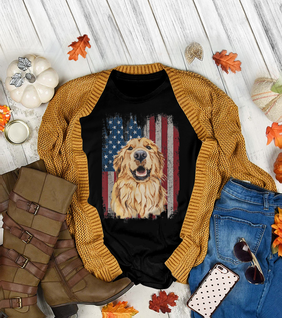 Golden Retriever Dog American Flag 4th of July Patriotic T-Shirt