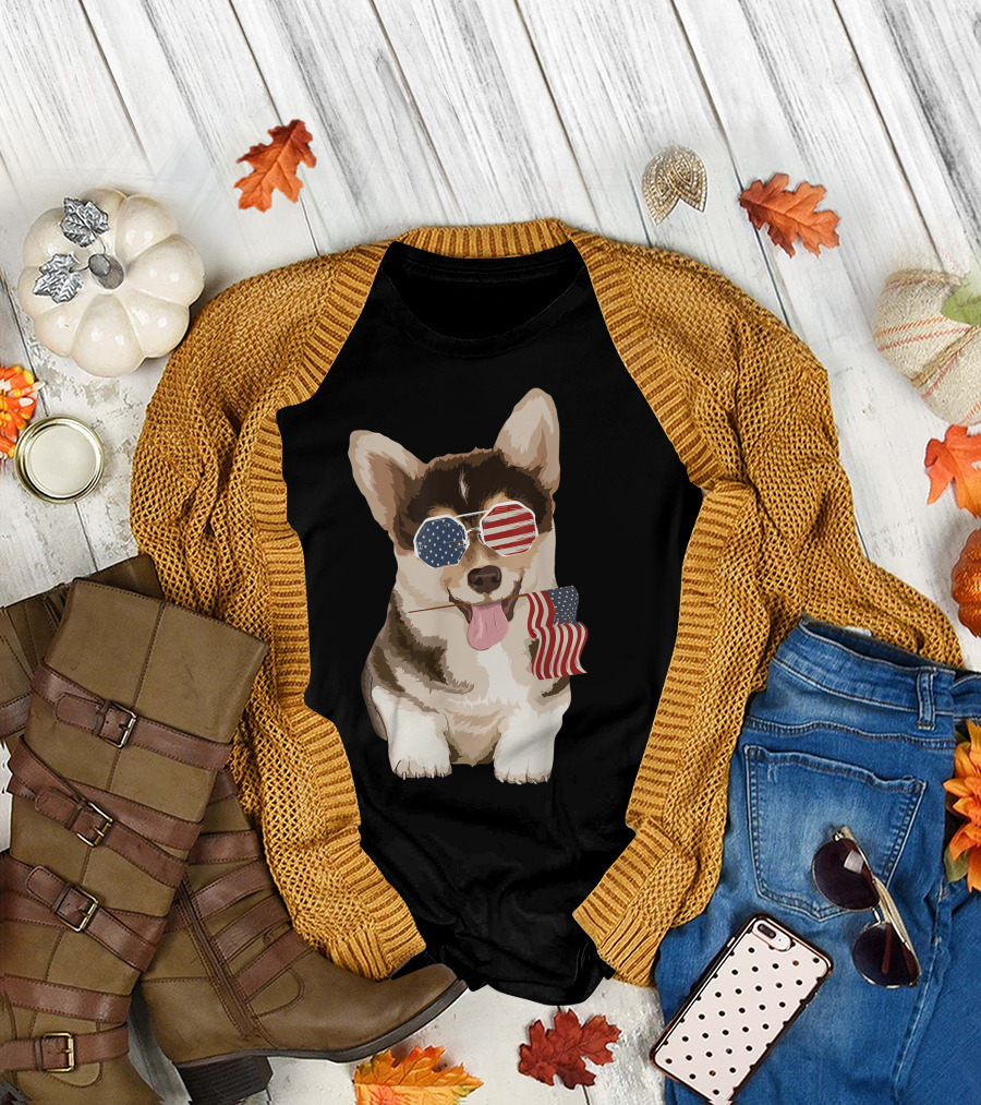 Pembroke Welsh Corgi Wearing American Flag Sunglasses Holding Flag T-Shirt