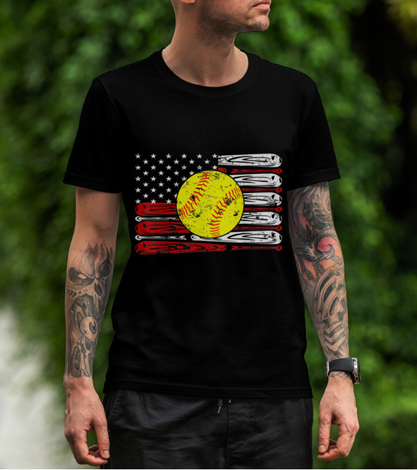 Vintage Softball American Flag Stars Stripes 4Th Of July T-Shirt