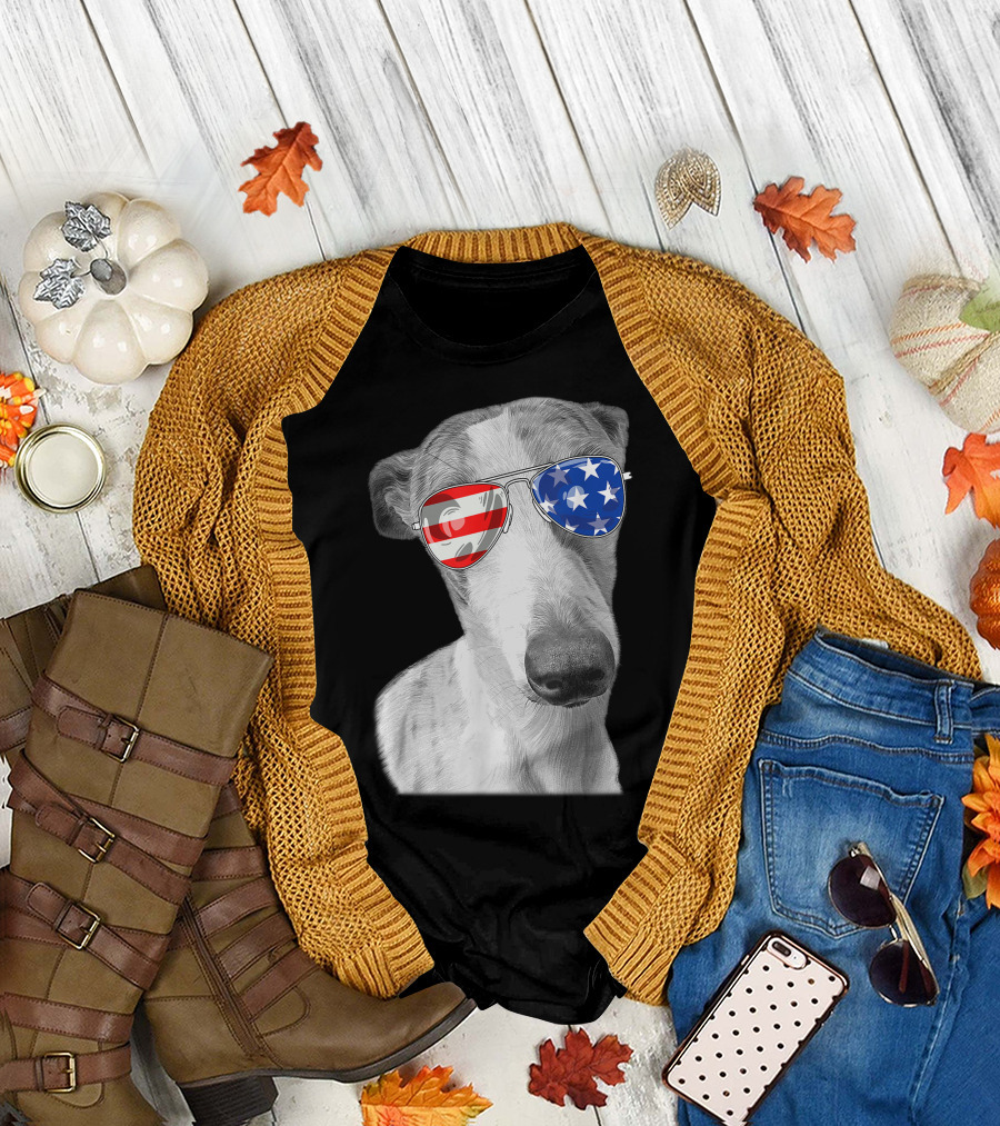 Vintage Whippet Dog American USA Flag Glasses T-Shirt