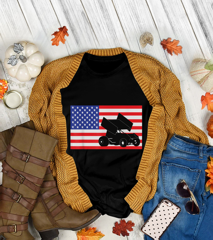 Sprint Car Racing Dirt Track USA American Flag 4th of July T-Shirt