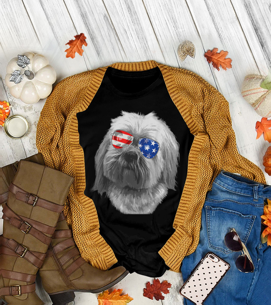 Vintage Lhasa Apso Dog with American Flag Glasses USA T-Shirt