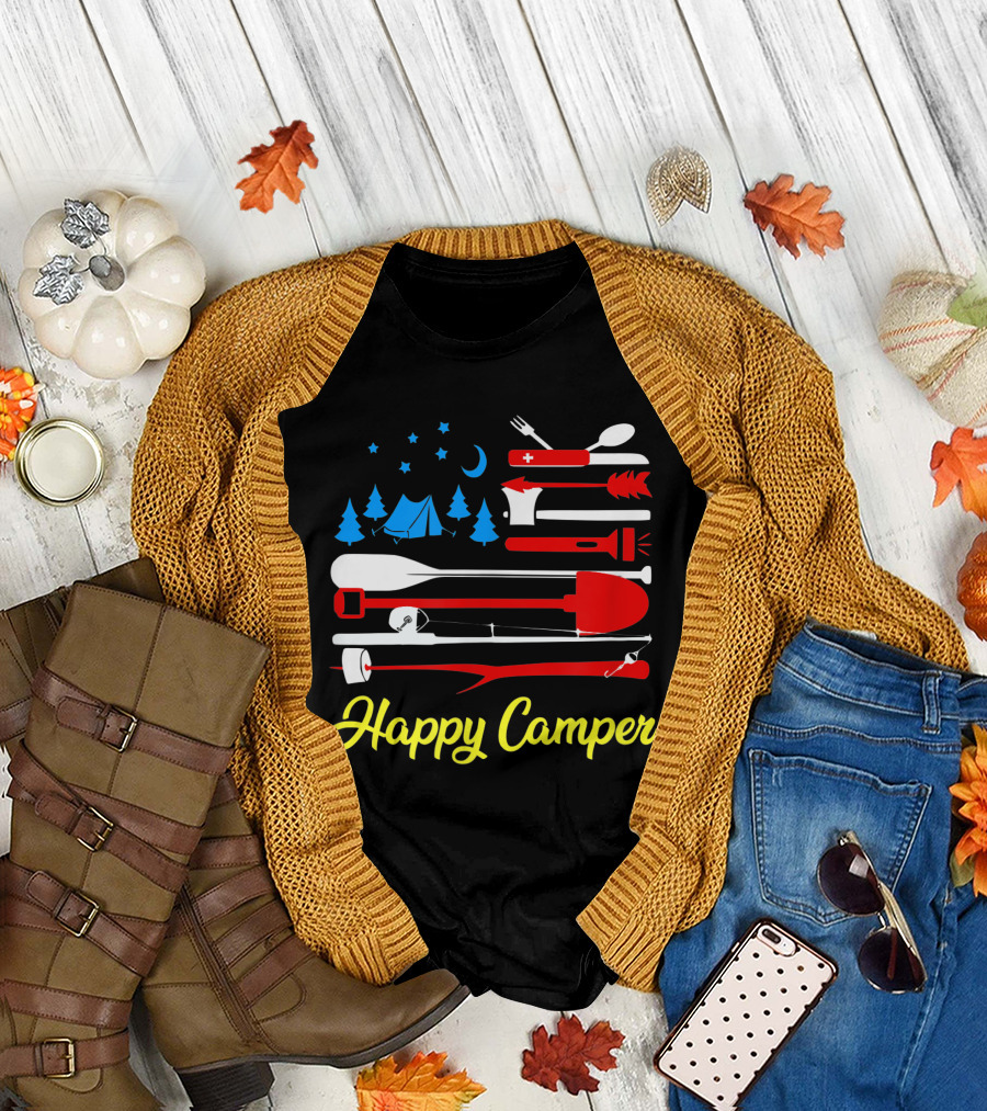 Happy Camper Outdoor Adventure Stars Moon Trees Camping Gear T-Shirt