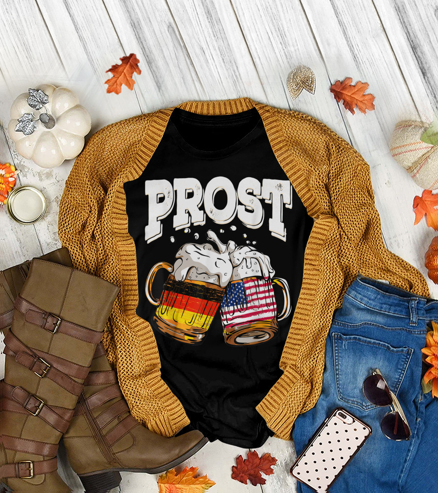 Prost Beer Oktoberfest German American Flag Toast with Beer Mugs T-Shirt