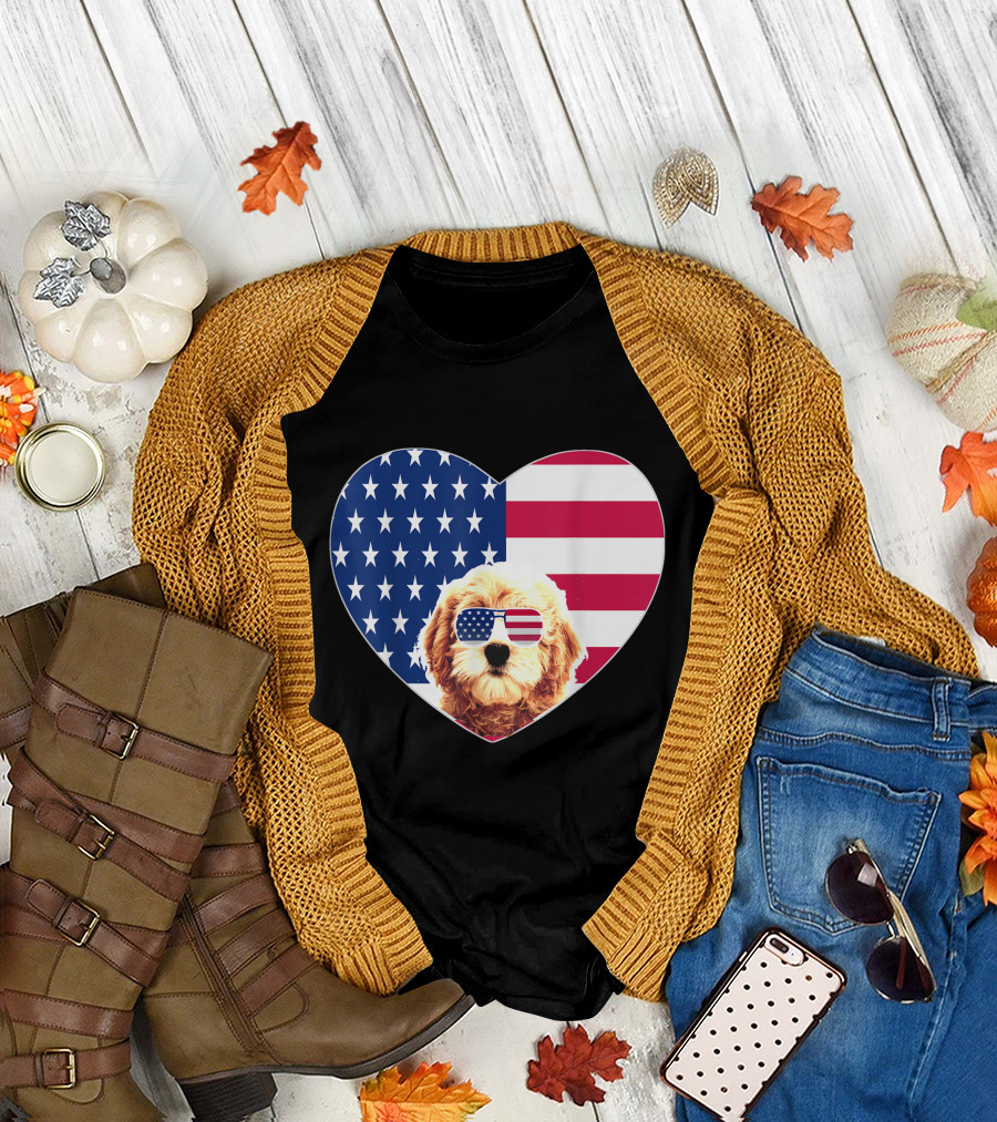 Fanny Goldendoodle Dog with American Flag Heart Sunglasses for 4th of July T-Shirt