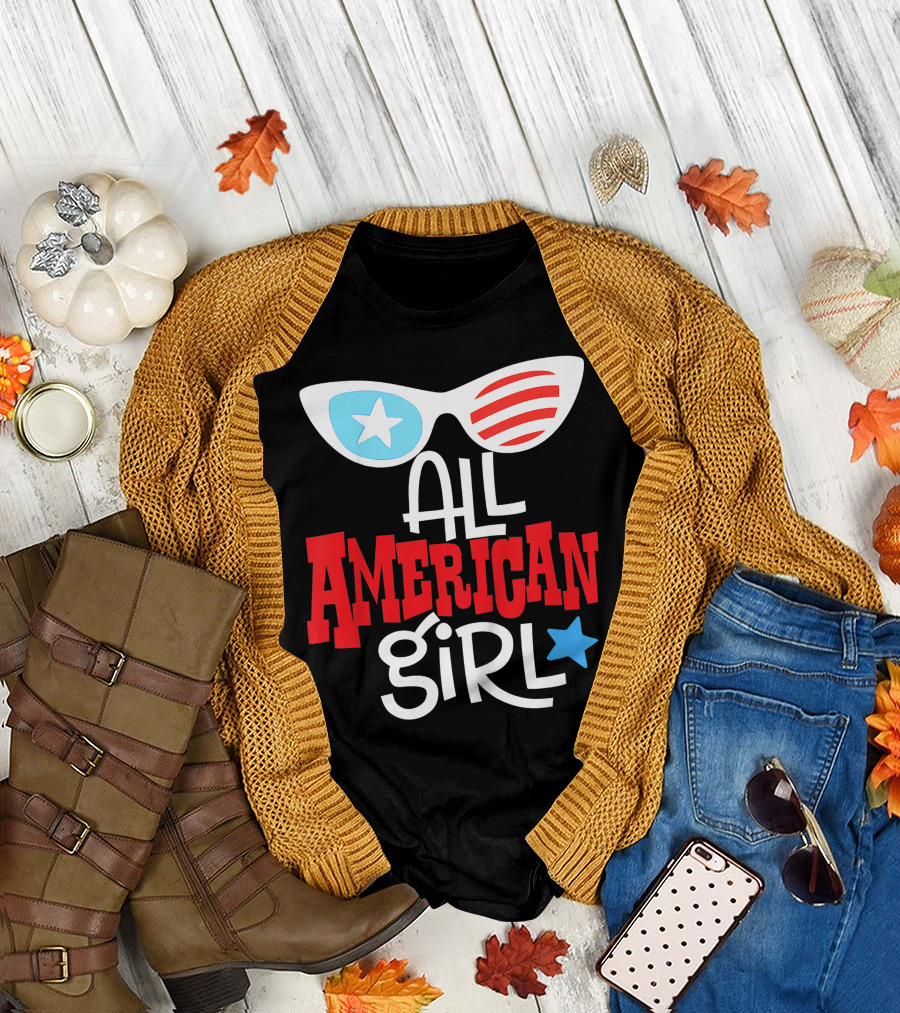All American Girl Sunglasses Star Stripes 4th of July USA Flag T-Shirt