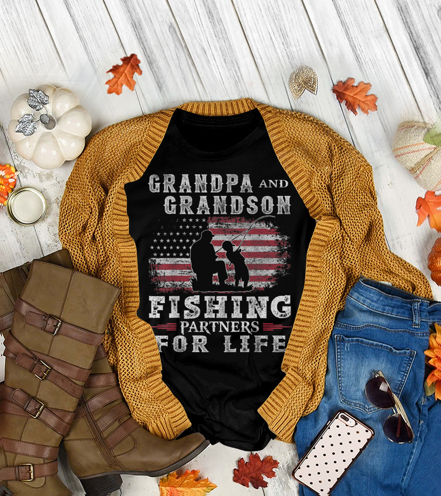 Grandpa and Grandson Fishing Partners for Life with American Flag T-Shirt