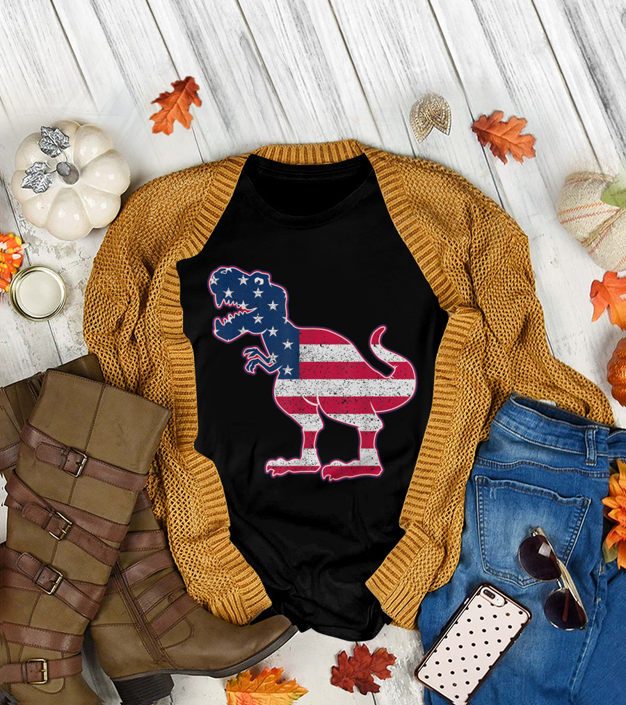 Dinosaur American Flag 4th of July Patriotic T-Rex T-Shirt