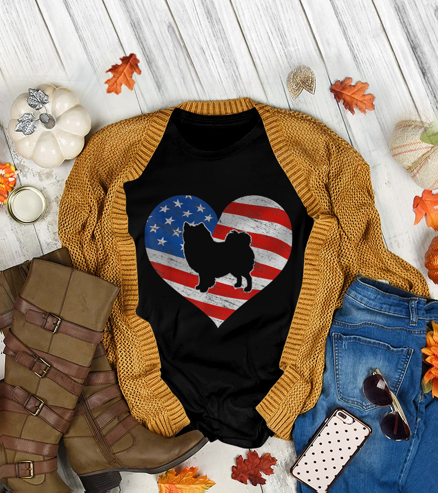 American Flag Heart with American Eskimo Dog Silhouette 4th of July T-Shirt