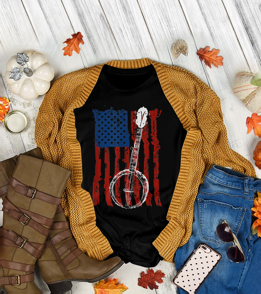 American Flag Bluegrass Banjo Patriotic Usa T-Shirt