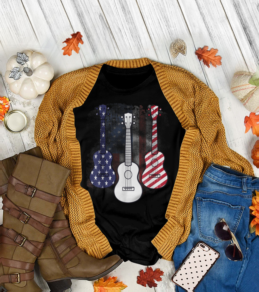 Red White Blue USA Patriotic American Guitar 4th of July T-Shirt