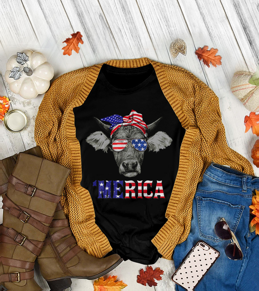 Merica Cow Wearing American Flag Bandana and Sunglasses Patriotic 4th of July T-Shirt