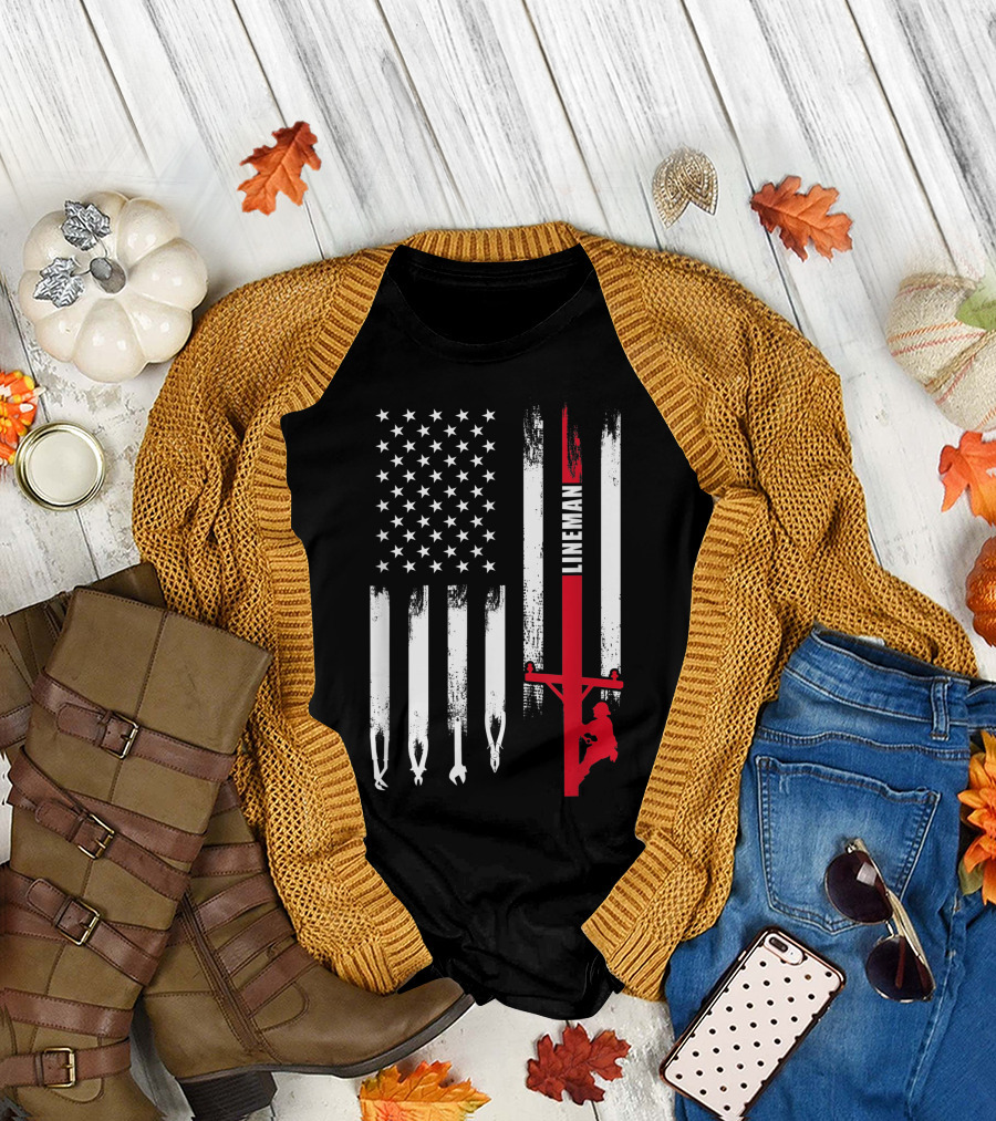 American Flag Lineman 4th of July Tribute with Patriotic Tools and Worker T-Shirt