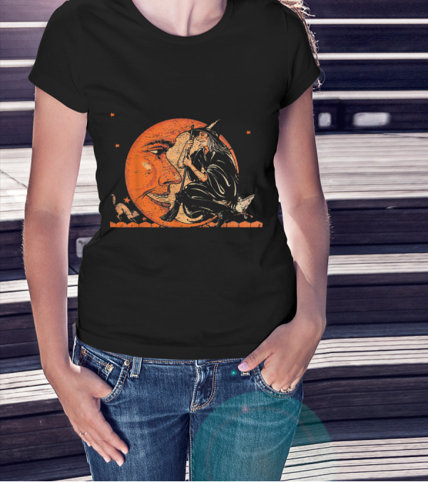 Great Vintage Witch And Moon With Cat And Stars T-Shirt