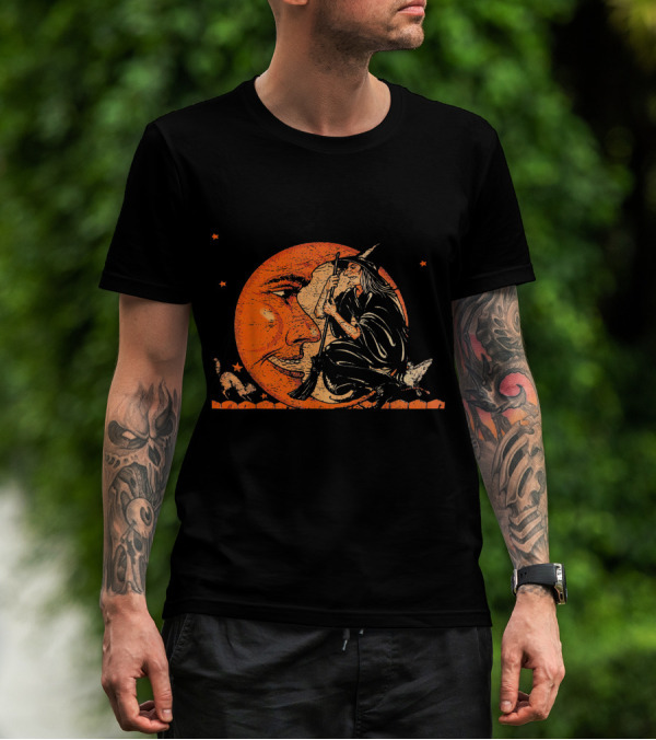 Great Vintage Witch And Moon With Cat And Stars T-Shirt