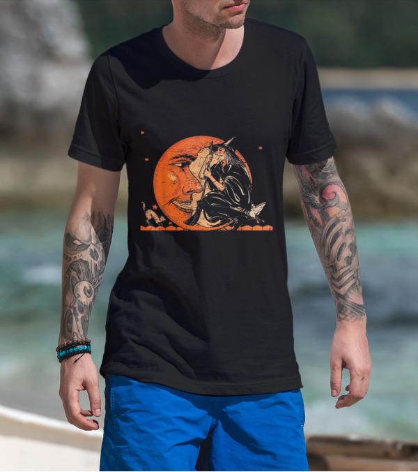 Great Vintage Witch And Moon With Cat And Stars T-Shirt