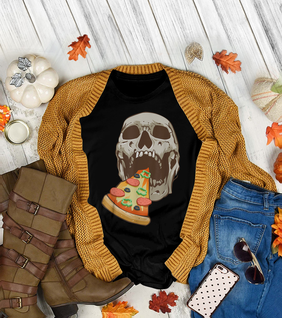 Halloween Scary Skull Eating Funny Pizza Costume T-Shirt