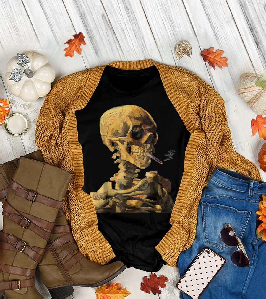 Vincent Van Gogh Skull with Burning Cigarette T-Shirt