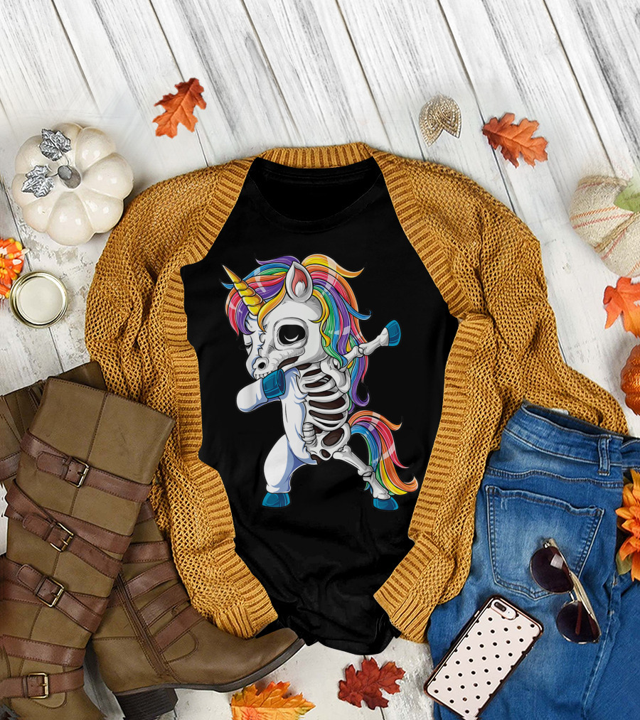 Dabbing Rainbow Unicorn Skeleton Halloween Girls Dab T-Shirt