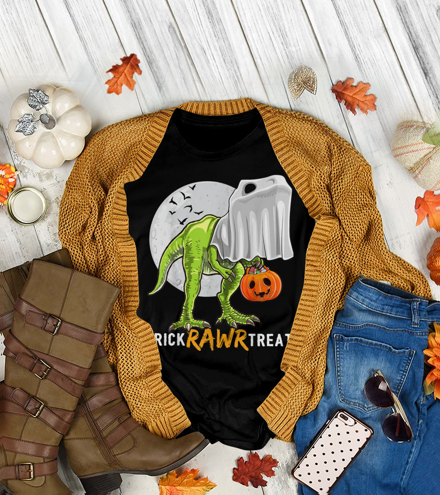 Trick Rawr Treat Halloween T-Rex Dinosaur Ghost with Pumpkin Basket and Full Moon T-Shirt