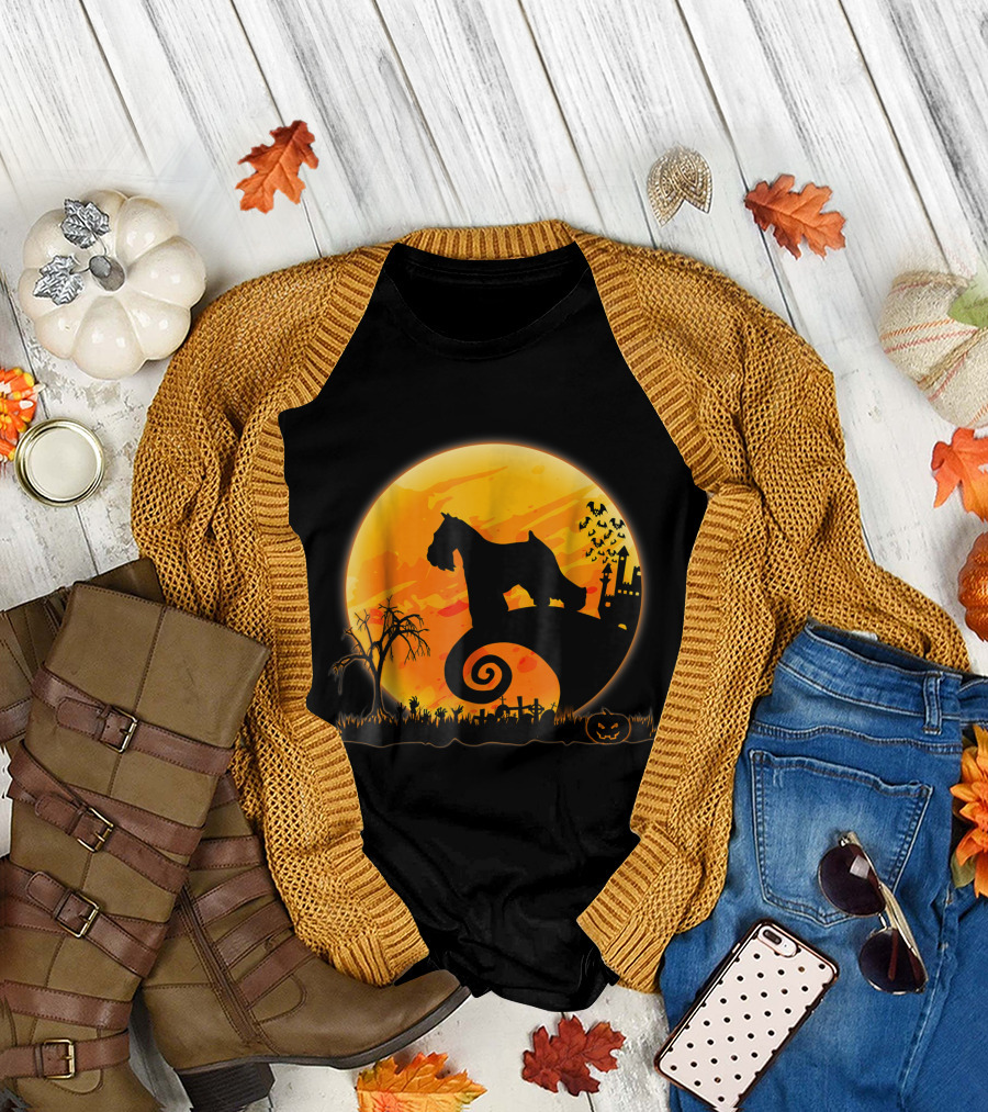 Miniature Schnauzer Dog Halloween Moon with Haunted Castle and Pumpkin T-Shirt