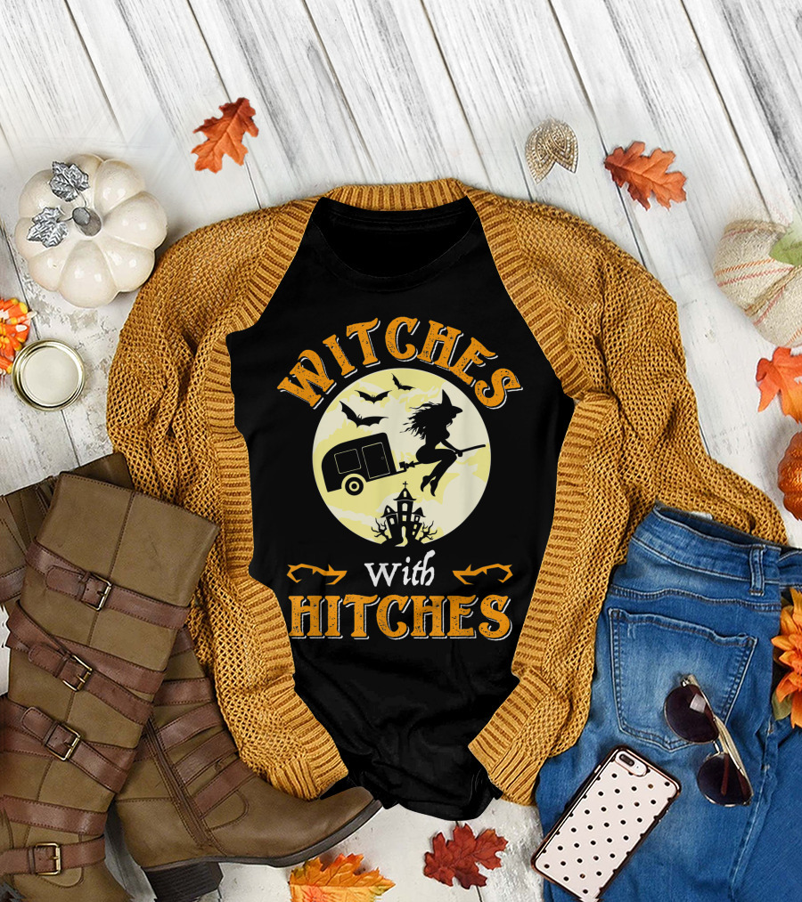 Witches With Hitches Halloween Camping Fun with Witch and Camper Trailer T-Shirt