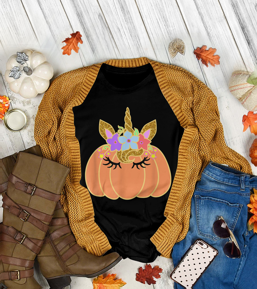 Unicorn Pumpkin with Gold Glitter Horn and Pastel Flowers T-Shirt