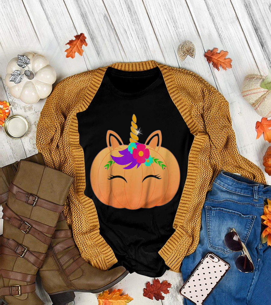 Kids Halloween Unicorn Pumpkin with Floral Decor T-Shirt