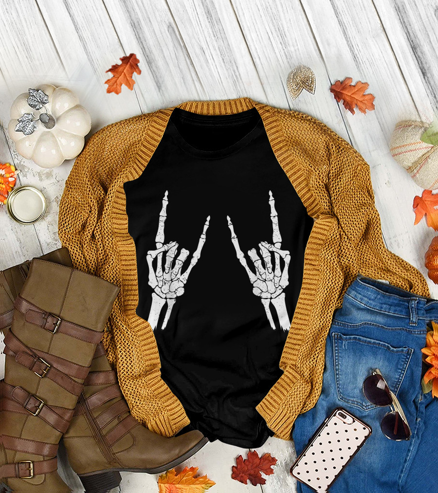 Skeleton Rocker Halloween Trick Or Treat Hand Gesture T-Shirt