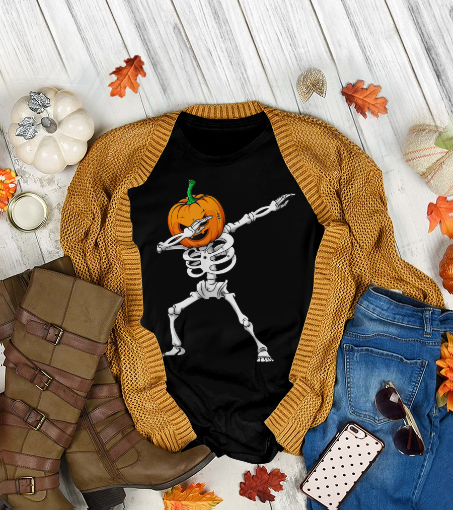 Dabbing Skeleton with Pumpkin Head Halloween Face T-Shirt