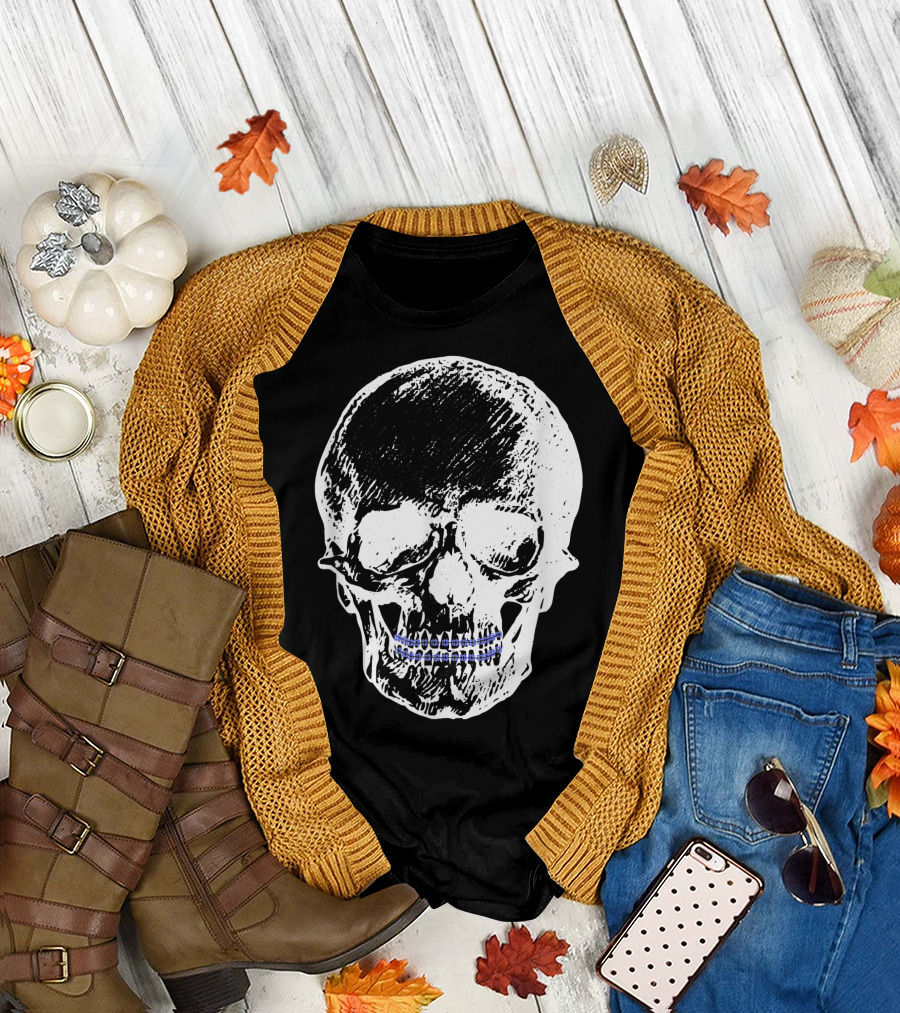 Creepy Skull With Braces Cool Black White Blue T-Shirt